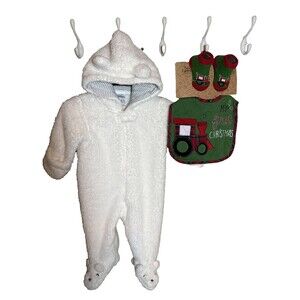 Carter’s White Bear Hooded Zip First Christmas Bib Sock Set Baby Boys Lot 1010